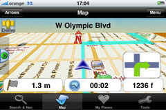 iPhone landscpae screen — ‘Bird view’ navigation over street map